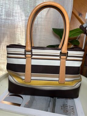 Vintage Coach Striped Brown Tan Beige Yellow Satchel Top Handle Bag Zip vintage